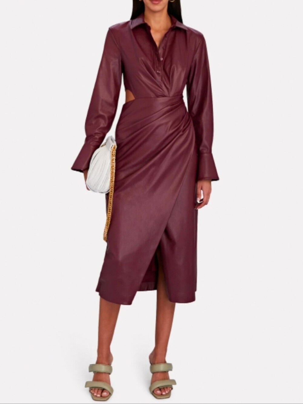 🔥Jonathan Simkhai Draped Cut-Out Mulberry Color Vegan Leather Midi Shirt Dress